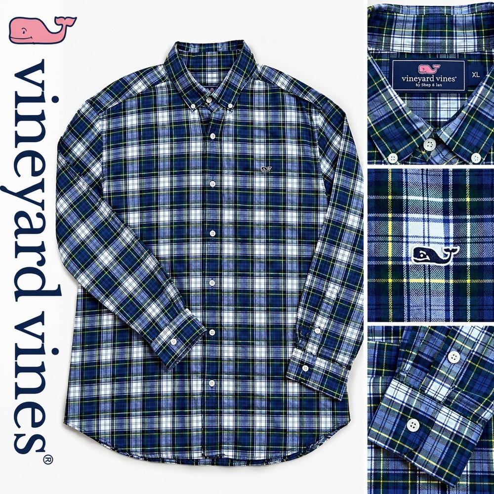 Vineyard Vines Whale Shirt Mens XL Blue Plaid Button Down Cotton Casual Preppy